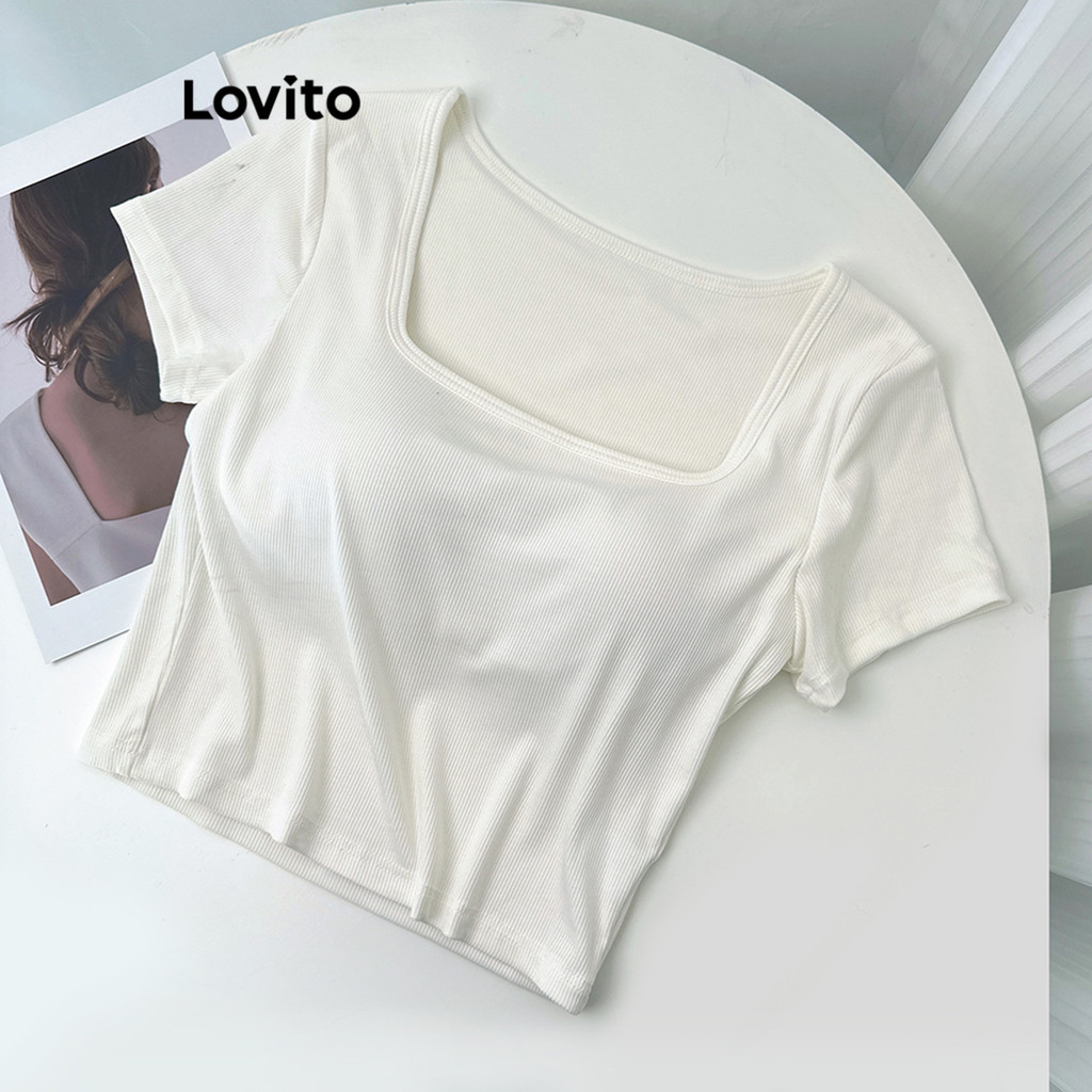 (Trendy) Lovito Camiseta Casual Lisa Básica Para Mulheres LNE24089 (Multicolorido) em Oferta na Shopee