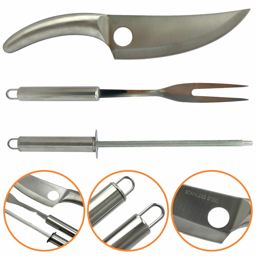 Kit Churrasco 3 Peças Faca Chaira Garfo Faqueiro Aço Inox Presente Dia Dos Pais