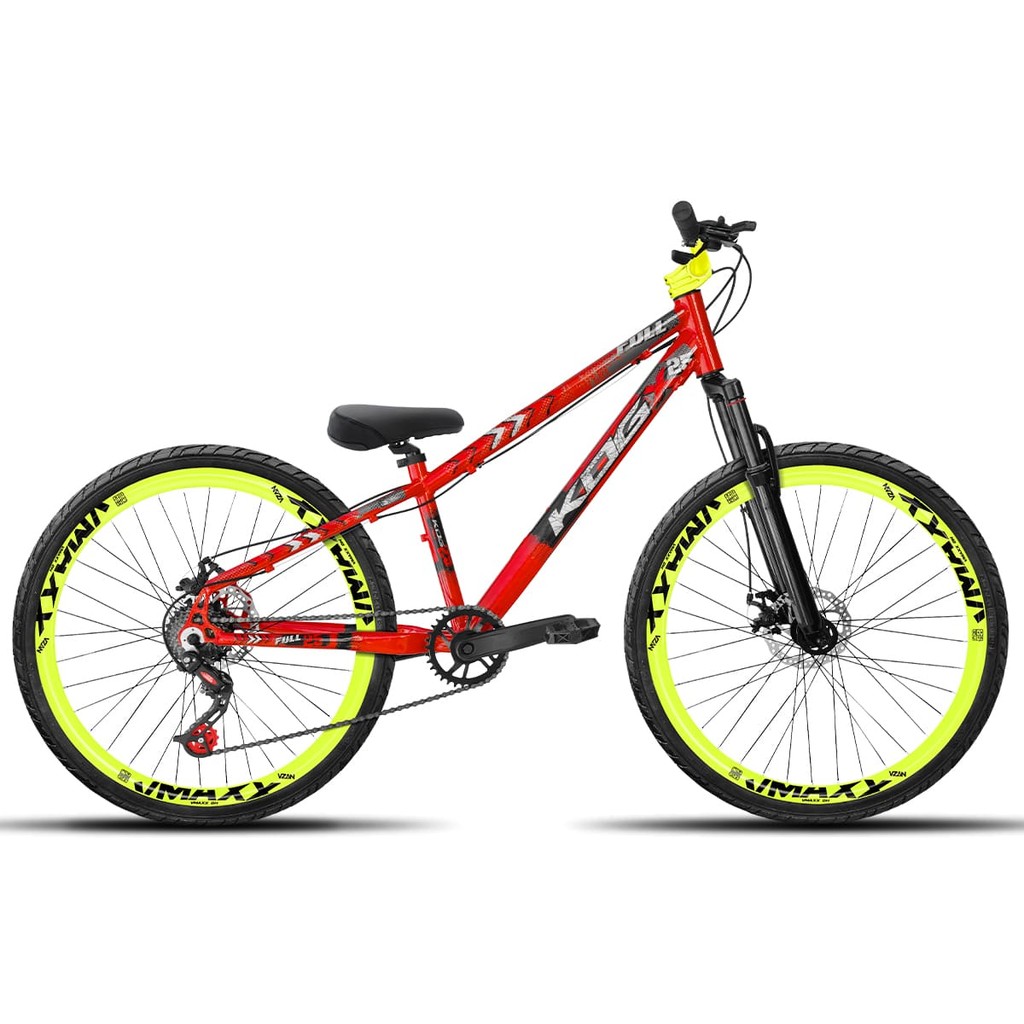 Bicicleta aro 26 KOG Freeride 1x7 Vermelho Vmaxx Amarelo - Pneus Preto - Mesa Curta Amarela - Guidão Amarela