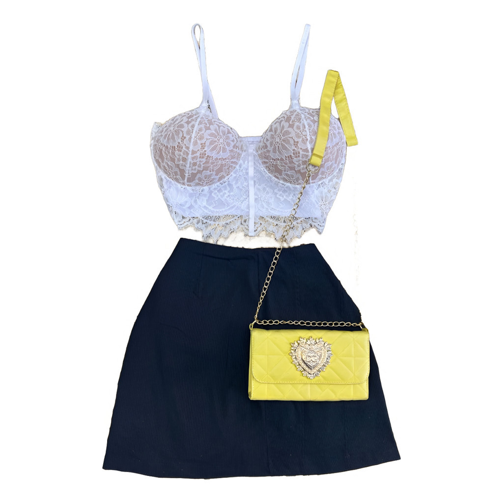 Kit Cropped De Renda Com Bojo Moda Verão + Short Saia Bengaline Básico