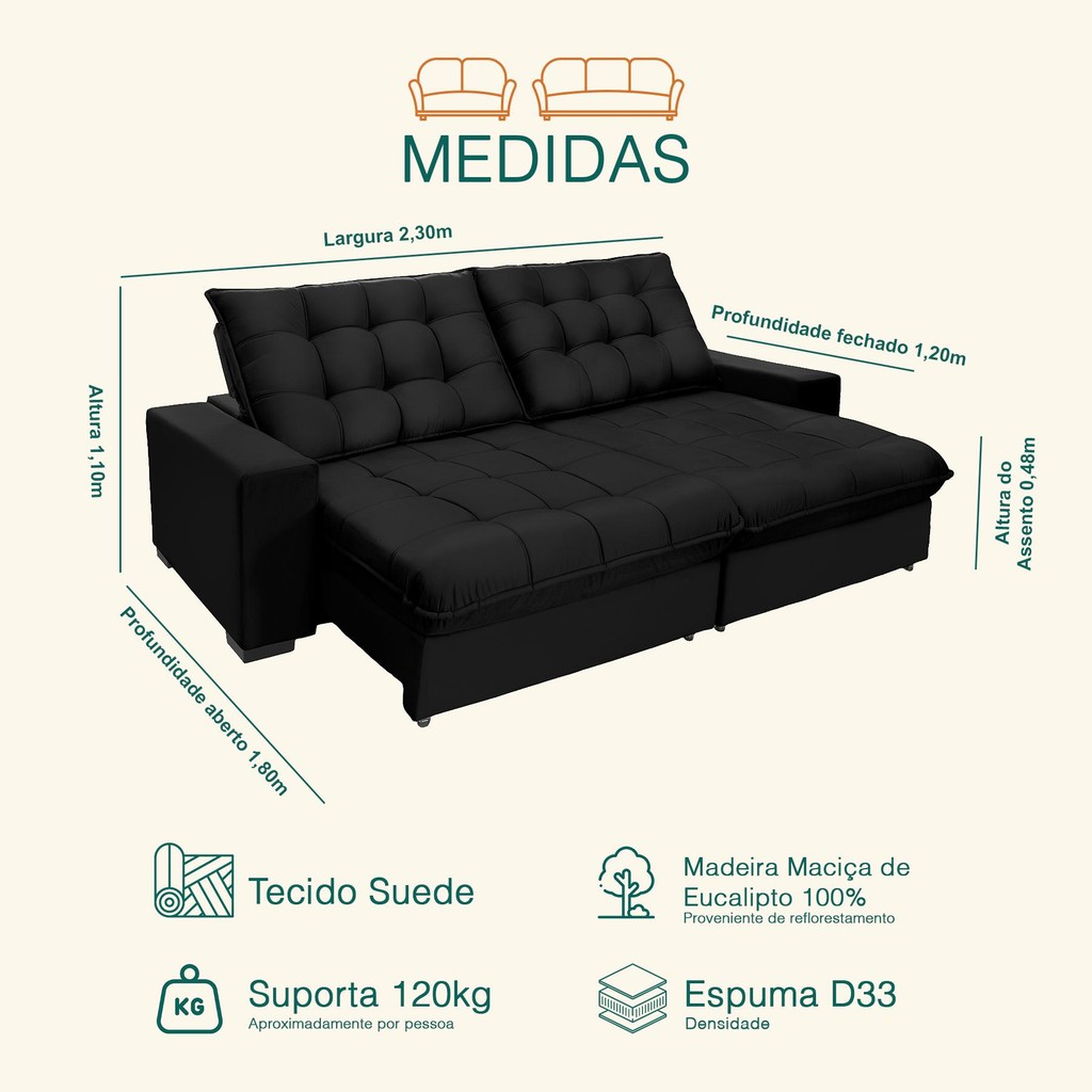 Sofá Retrátil E Reclinável 2,30m Suede Califórnia Preto · foto 2