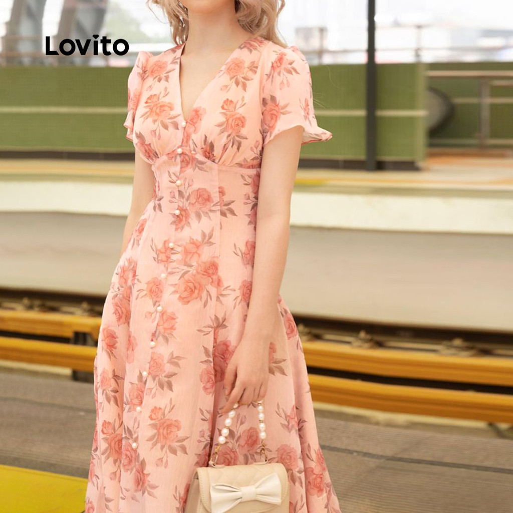 (Trendy) Lovito Vestido Casual com estrutura Floral e botão frontal para mulheres L131LD1193 em Oferta na Shopee