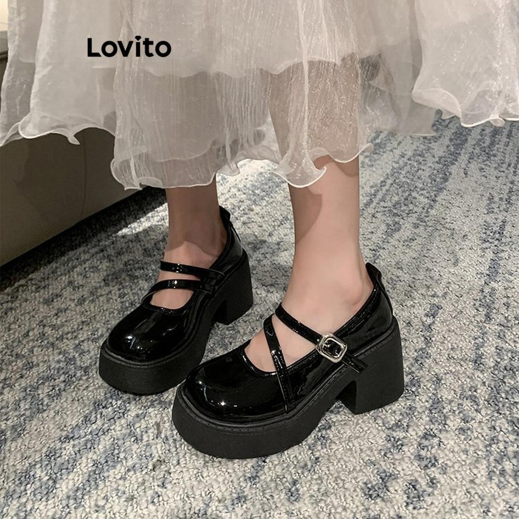 (Trendy) Lovito Elegante Simples Cabeça Redonda Retro Salto Alto Mary Jane Estilo Preppy Salto para Mulheres LFA58318 em Oferta na Shopee