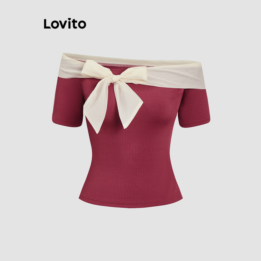 (Trendy) Lovito Camiseta Elegante Com Gravata Lisa Frontal Colorblock Para Mulheres L112ED405 - Women Clothes