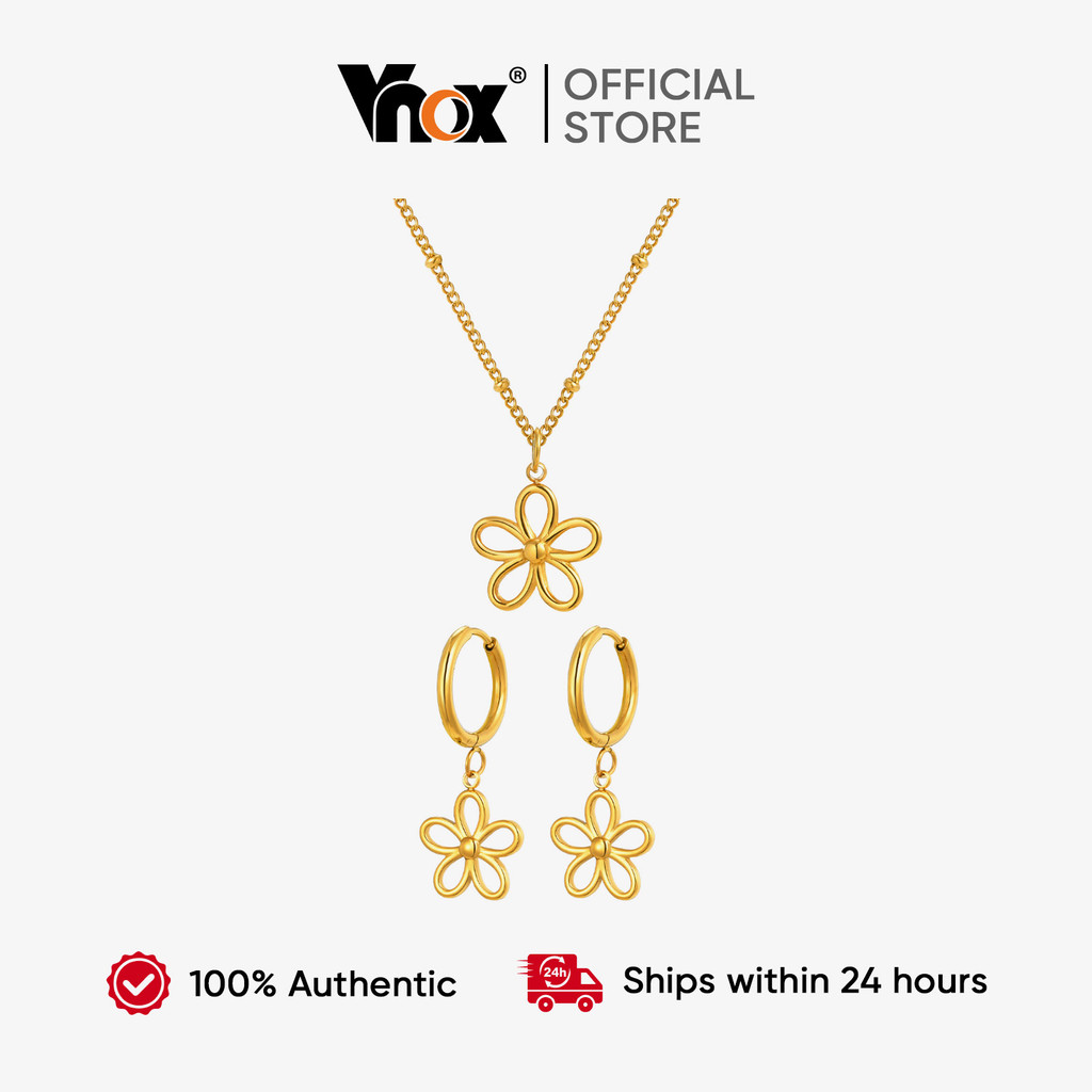 Vnox 2 Peças De Brincos De Argola Com Pingente De Flores Ocas Douradas Conjunto Para Mulheres , Aço Inoxidável Sem Desbo