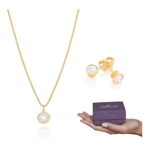 Conjunto Rommanel Corrente + Brinco Ponto Luz + Estojo Folheados a Ouro Original K03 em Oferta na Shopee