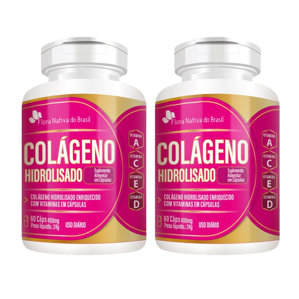 Kit 2x Colágeno Hidrolisado Vitaminas A C E D 60 Capsulas 400mg Flora Nativa