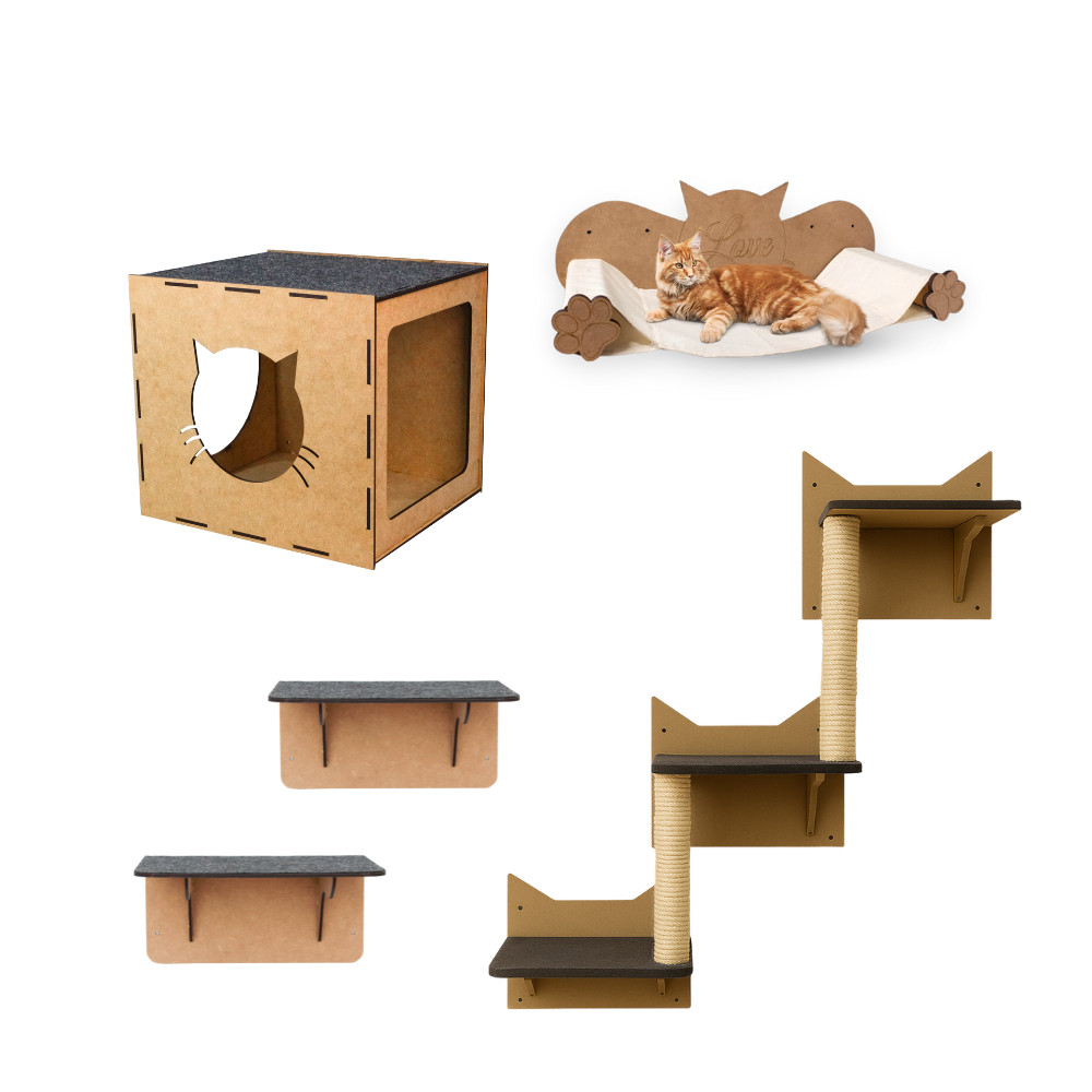 Playground de Gato 5 pçs Prateleiras Circuito Escada Gatil Mdf Nicho Arranhador Escalada Rede Cama