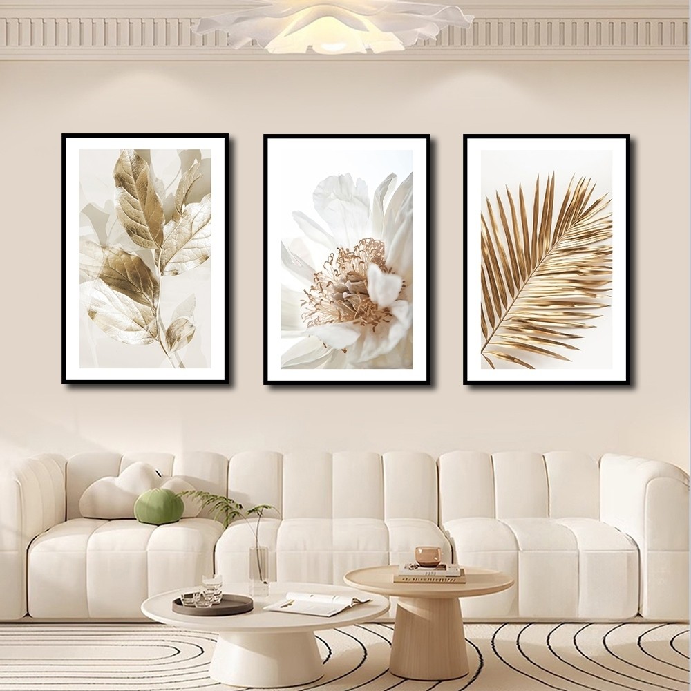Kit 3 Quadros Decorativos Folhagem Dourada Gold Sala Grande Moderno 40x60cm