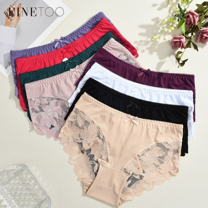 FINETOO Calcinha De Renda De Cintura Alta Com Seda Gelada Para Mulheres , Roupa Íntima Sexy Laço , Novo Design , Cuecas em Oferta na Shopee