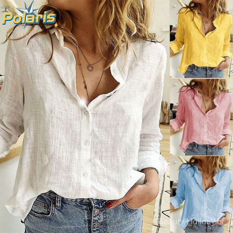 Camisa Branca de Linho e Algodão para Mulheres e Camisa de Manga Longa Simples IPED YR0H