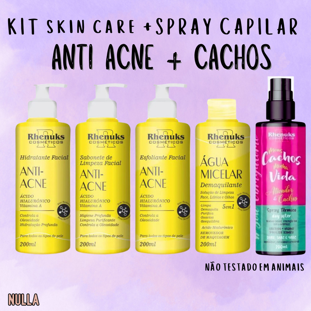 Skin Care ANTI ACNE + SPRAY MEUS CACHOS - KIT FACIAL c/ hialurônico e vitamina A RHENUKS c/ 4 itens + spray capilar