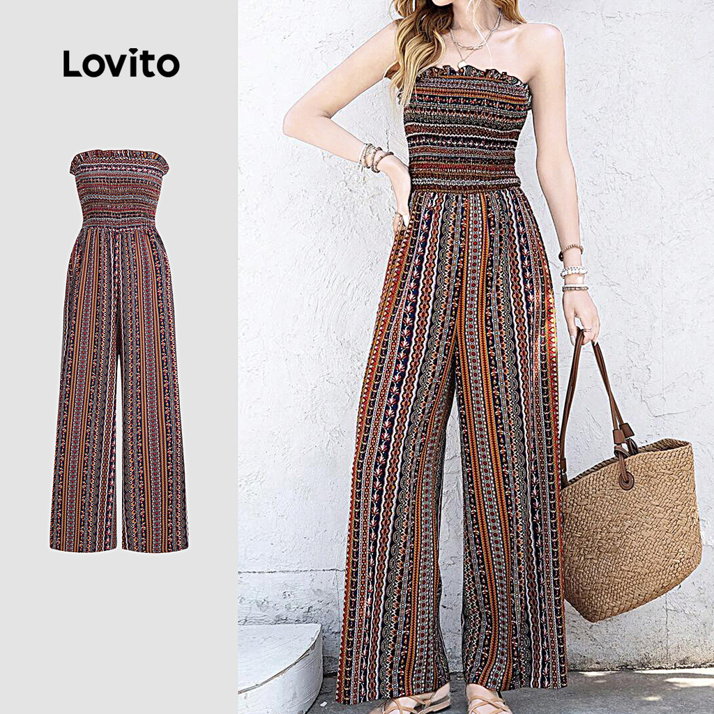 Lovito Macacão Boho com Babados e Franzidos Macacão de Primavera/verão para mulheres L142ED828 em Oferta na Shopee