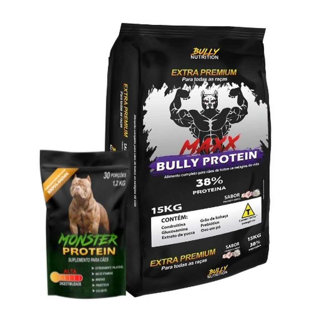 Ração Maxx Bully Protein 15kg + Suplemento Bully Monster 1,2Kg + Moringa Dog 60g