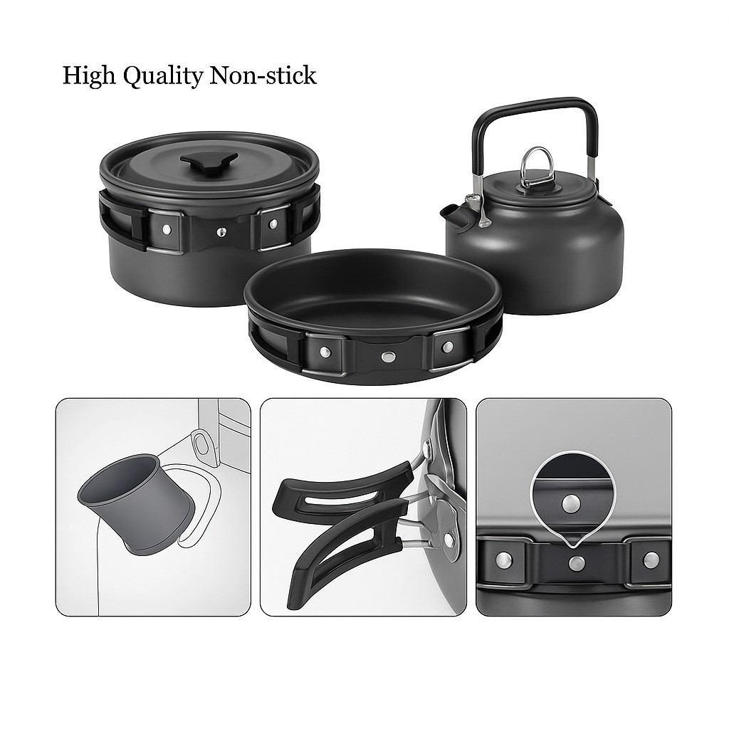 Kit 3 Peças Conjunto Com 3 Panelas Antiaderentes Para Acampamento e Lazer ao ar Livre. P.HQ
