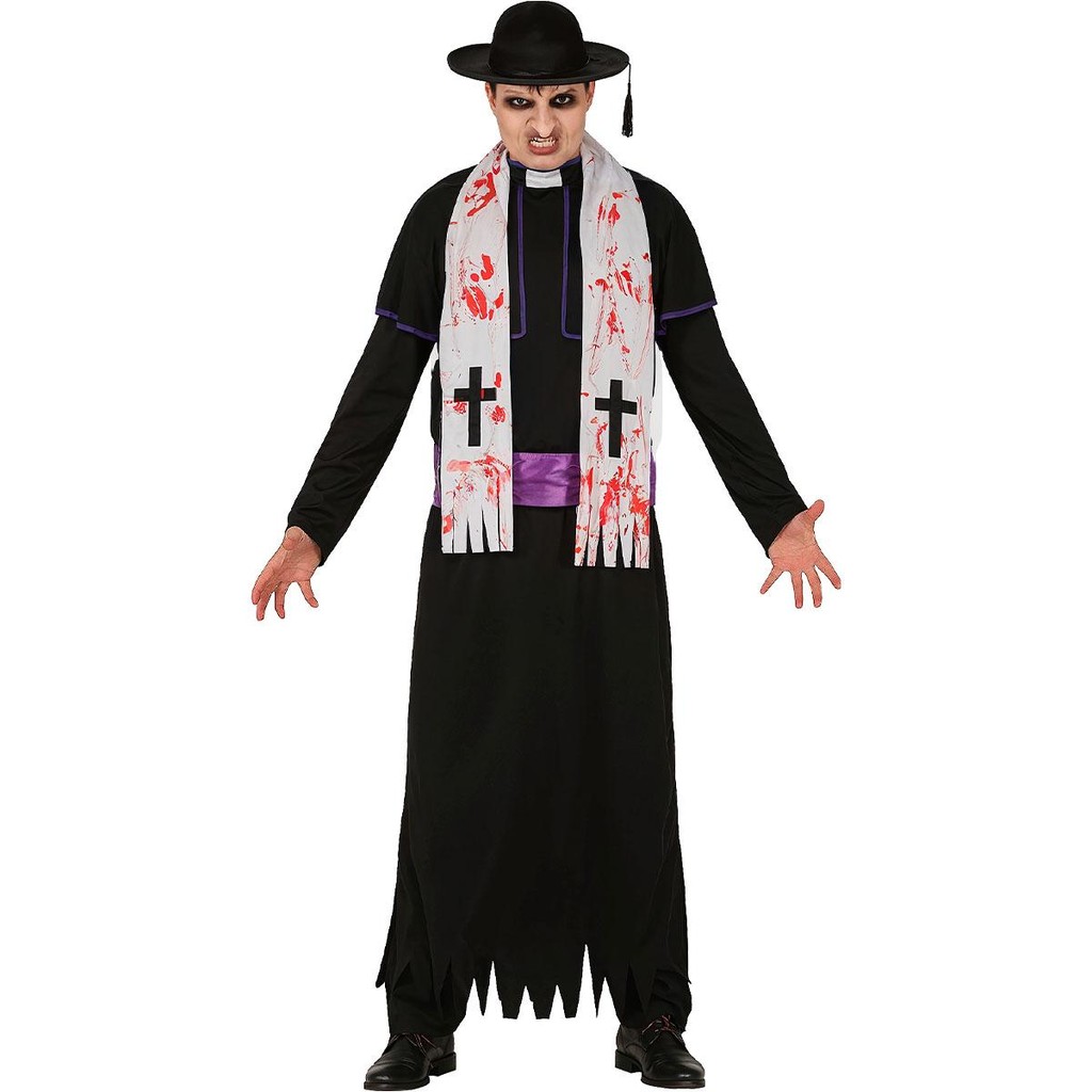 Fantasia Masculina Adulta de Halloween Roupa de Padre Assassino Medieval Tunica Preta e Estola Sacerdote com Sangue