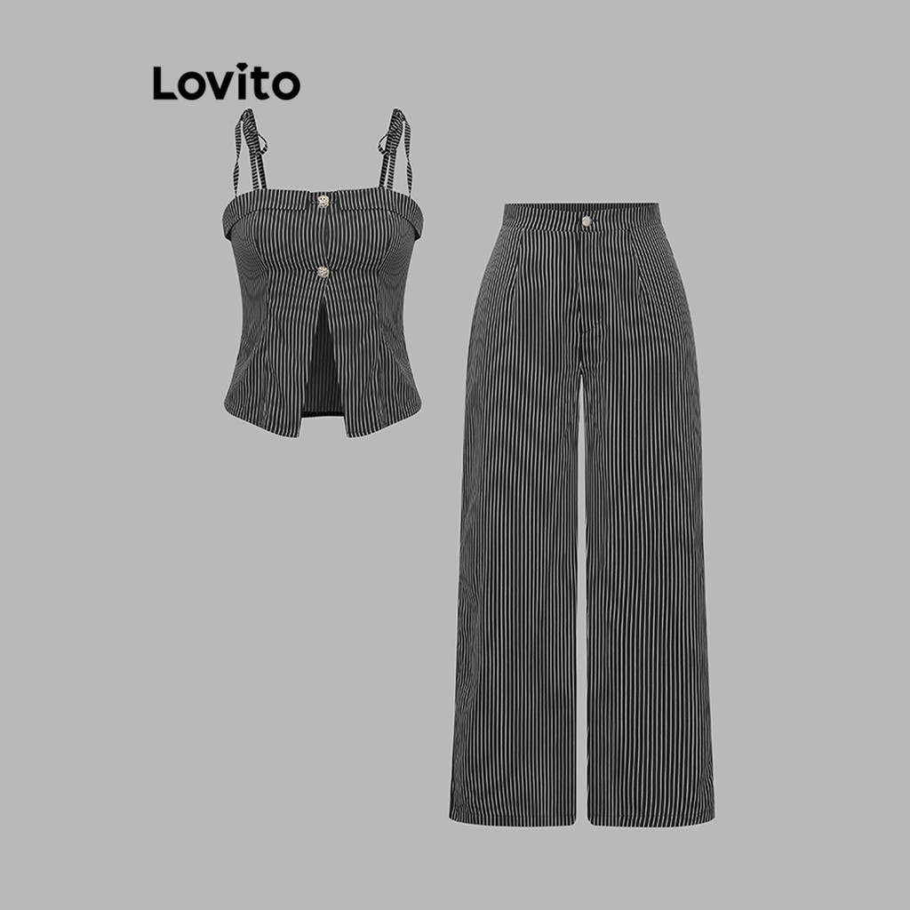 Lovito Tops ou calças femininas casuais listradas divididas com cadarço L91AD051 - Women Clothes