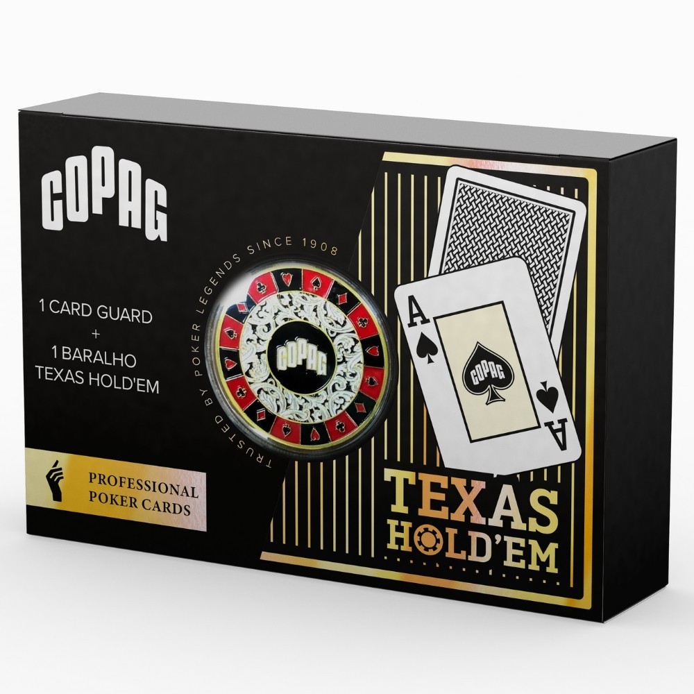 BARALHO DE POKER TEXAS HOLD'EM COM CARD GUARD METAL COPAG 55 CARTAS 100% PLÁSTICO NAIPE GRANDE MOEDA em Oferta na Shopee