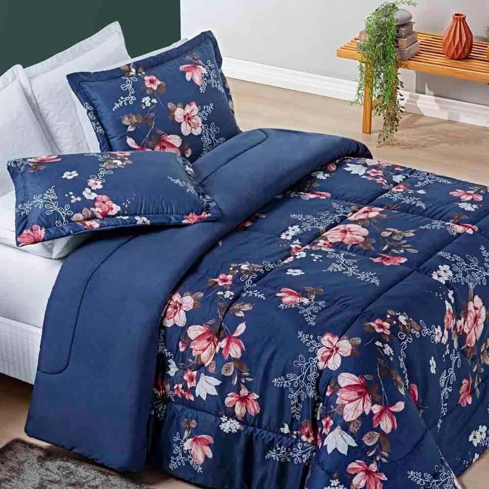 Kit Edredom Celi Queen Dupla Face Micropercal 200 Fios 3 Peças - Azul Marinho Floral em Oferta na Shopee