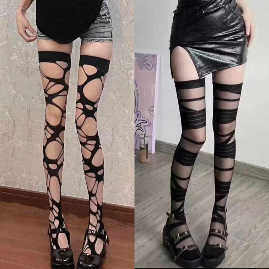 Meias Altas Irregulares Estilo Gótico Punk Y2k Subcultura Buraco Meia-Calça Oca