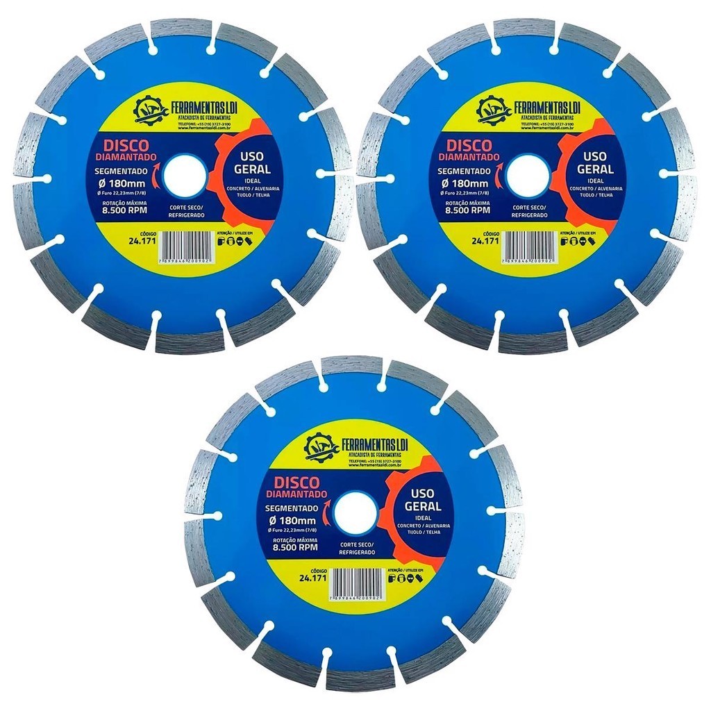 3 Disco Diamantado de Corte 7" 180mm Segmentado Ferramentas LDI P/ Alvenaria Concreto