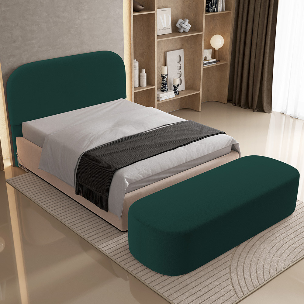 Cabeceira Cama Box Casal 160cm Lanna com Puff Recamier Doha W01 Bouclê Verde - Lyam Decor