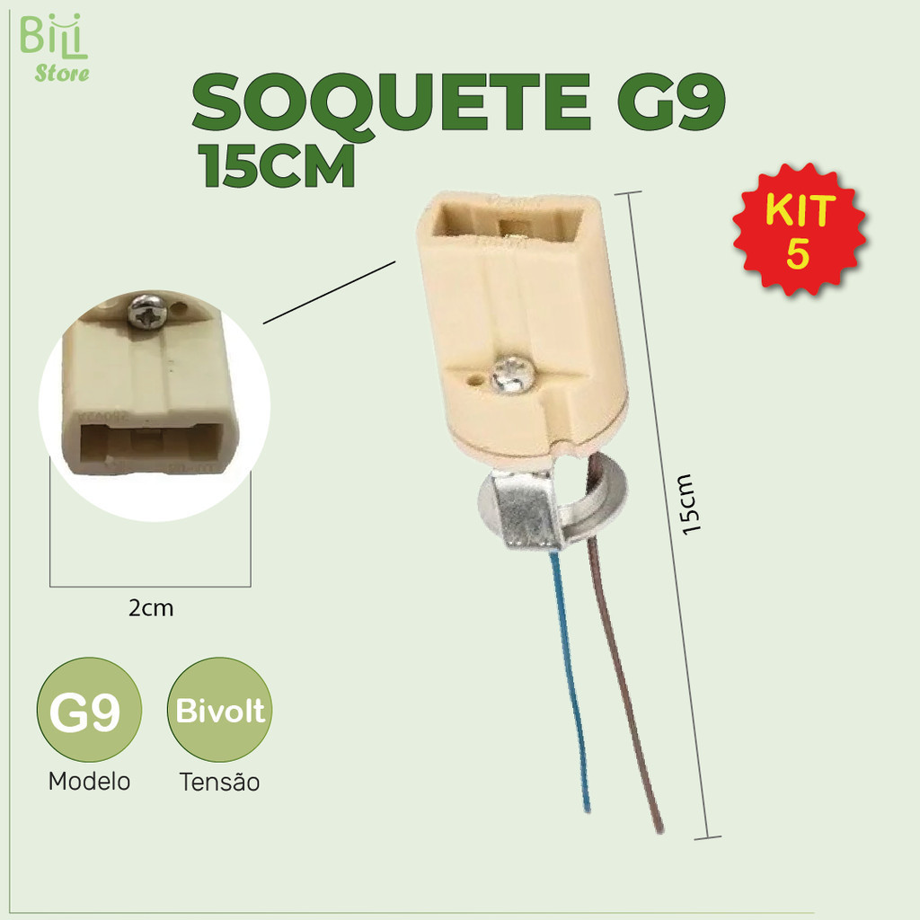 Kit 5 Soquete p/ Lâmpada G9 15CM Halopin Bipino com cabo Bivolt