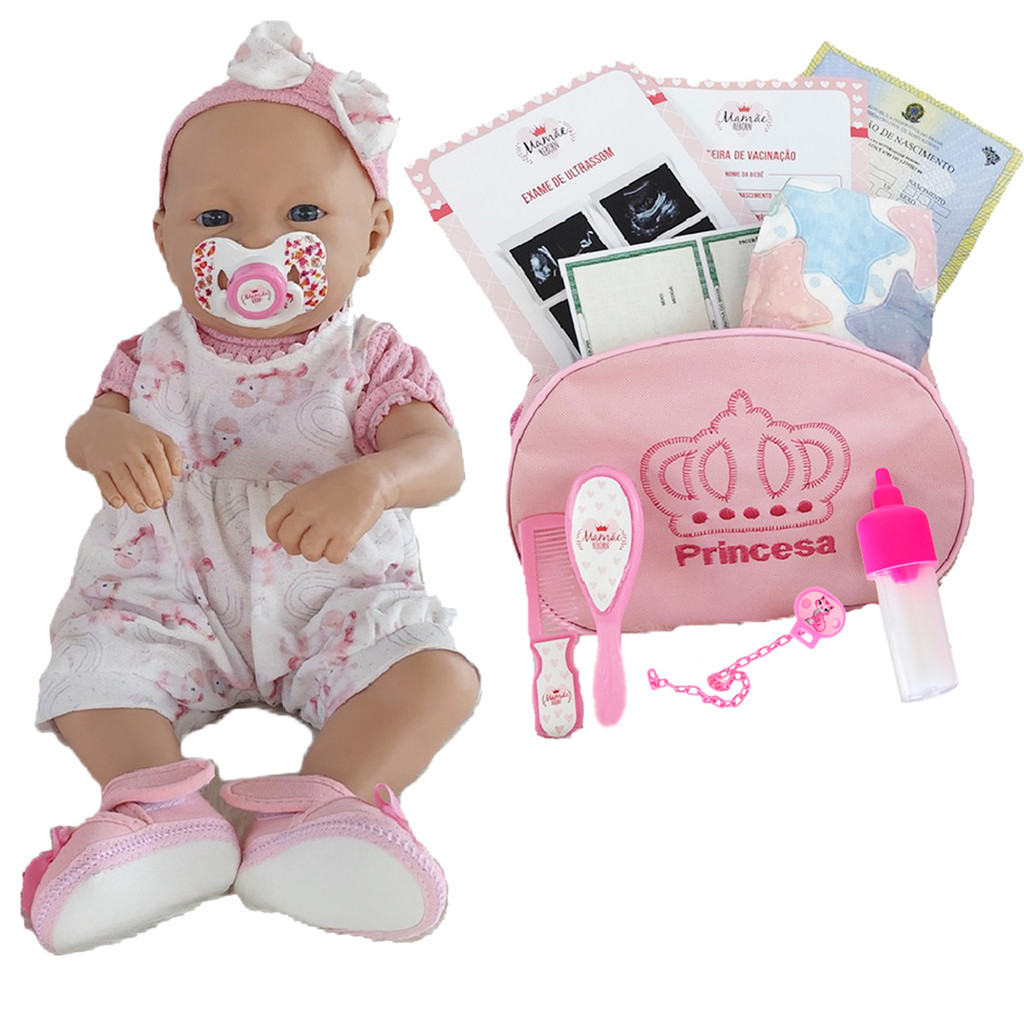 Boneca Bebê Mamãe Reborn Menina Enxoval Completo Bolsa - 43cm!