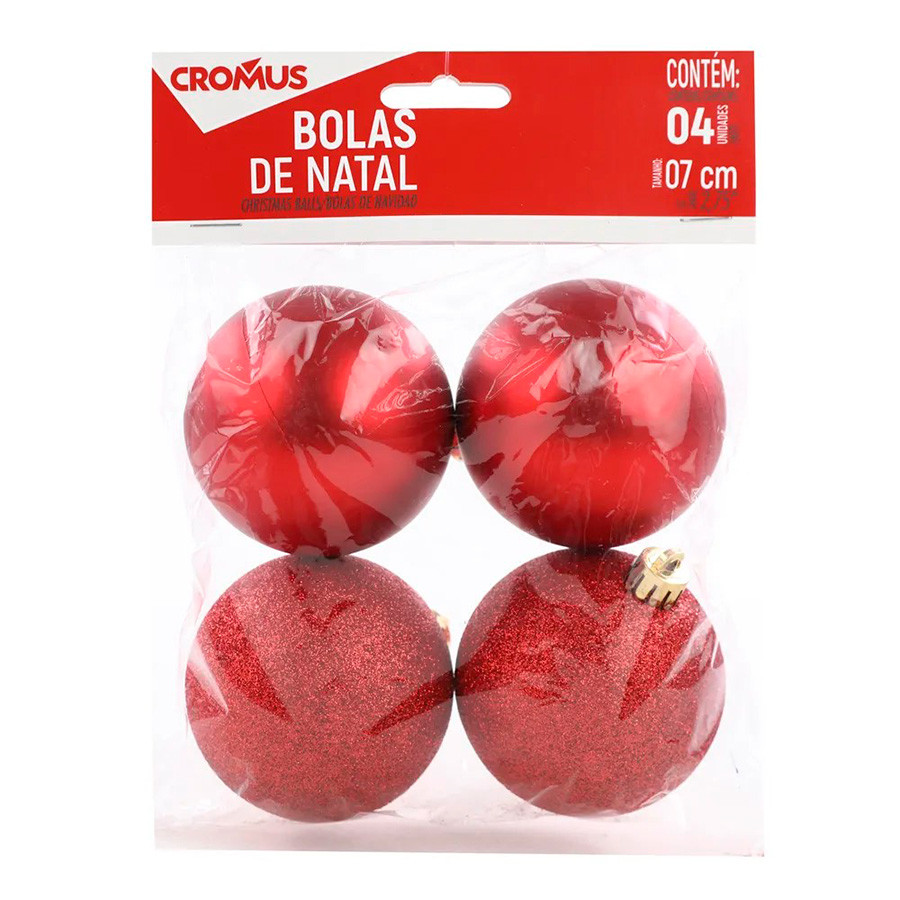 Bola de Natal com Glitter e Fosca - Vermelho - 7cm - 4 unidades - Cromus - Rizzo