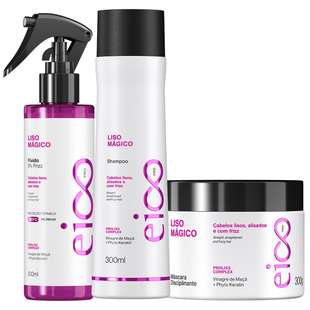 Kit Eico Pro Tratamento Liso Mágico Shampoo Máscara Spray Fluido Leave-in Protetor Térmico 200ml - Beauty
