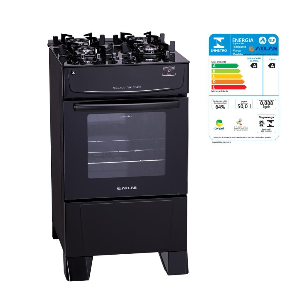 Imagem Fogão 4 Bocas com Forno Atlas Mônaco Mesa Vidro Preto