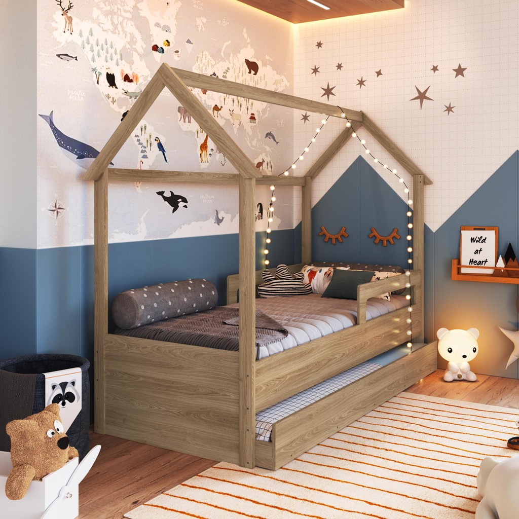 Detalhes do Cama Infantil Montessoriana Bicama Casa Solteiro Menino Menina Proteção Lateral Cama Auxiliar Aveiro