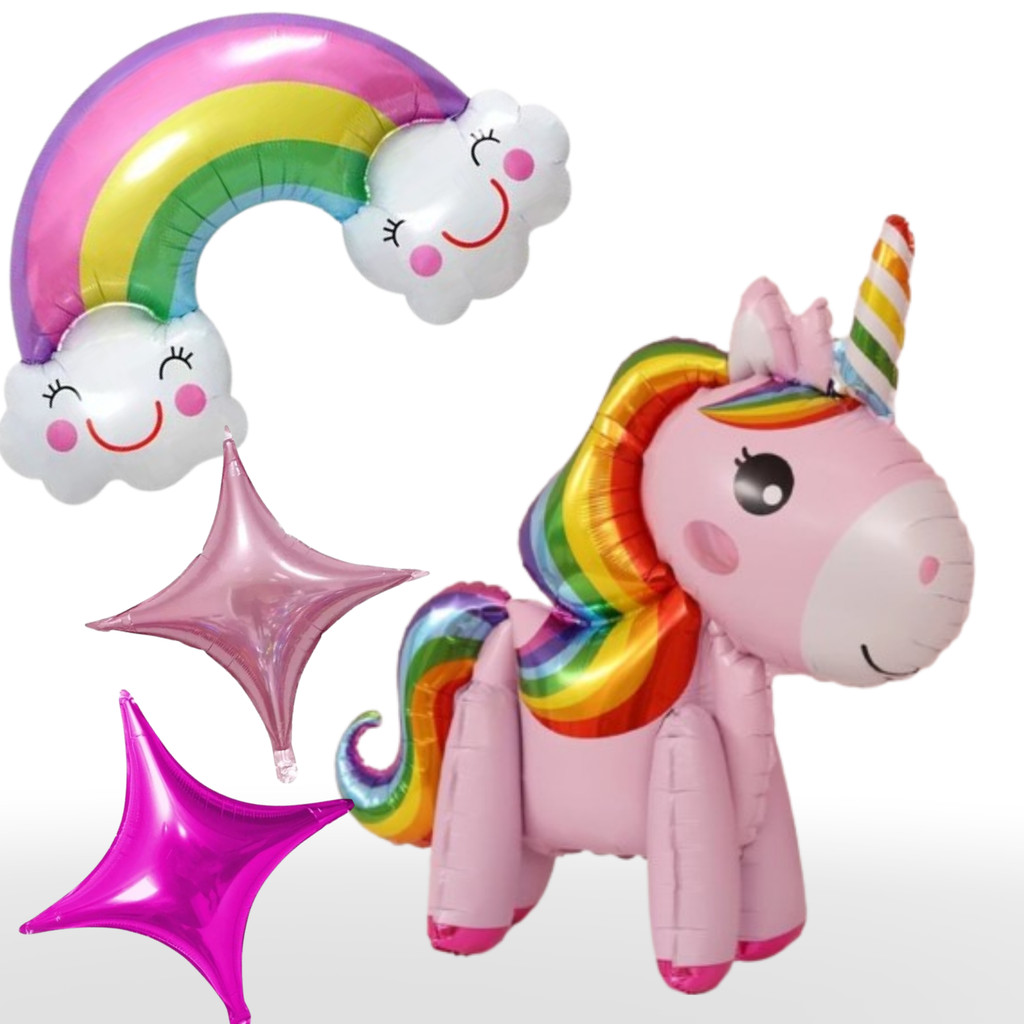 Kit 4 Unidades De Balões Metalizados GRANDE, Unicórnio 3D POP ±86cm, Estrelas 4 Pontas e Balão Chuva De Amor-Decoração