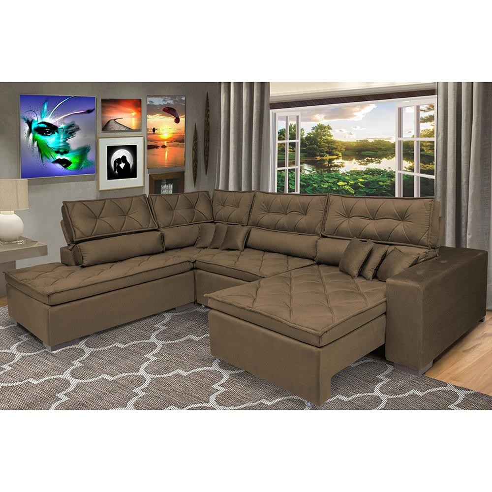 Sofa de Canto Retrátil e Reclinável com Molas Cama inBox Platinum Esquerdo 3,40x2,36 Suede Café - Home & Living