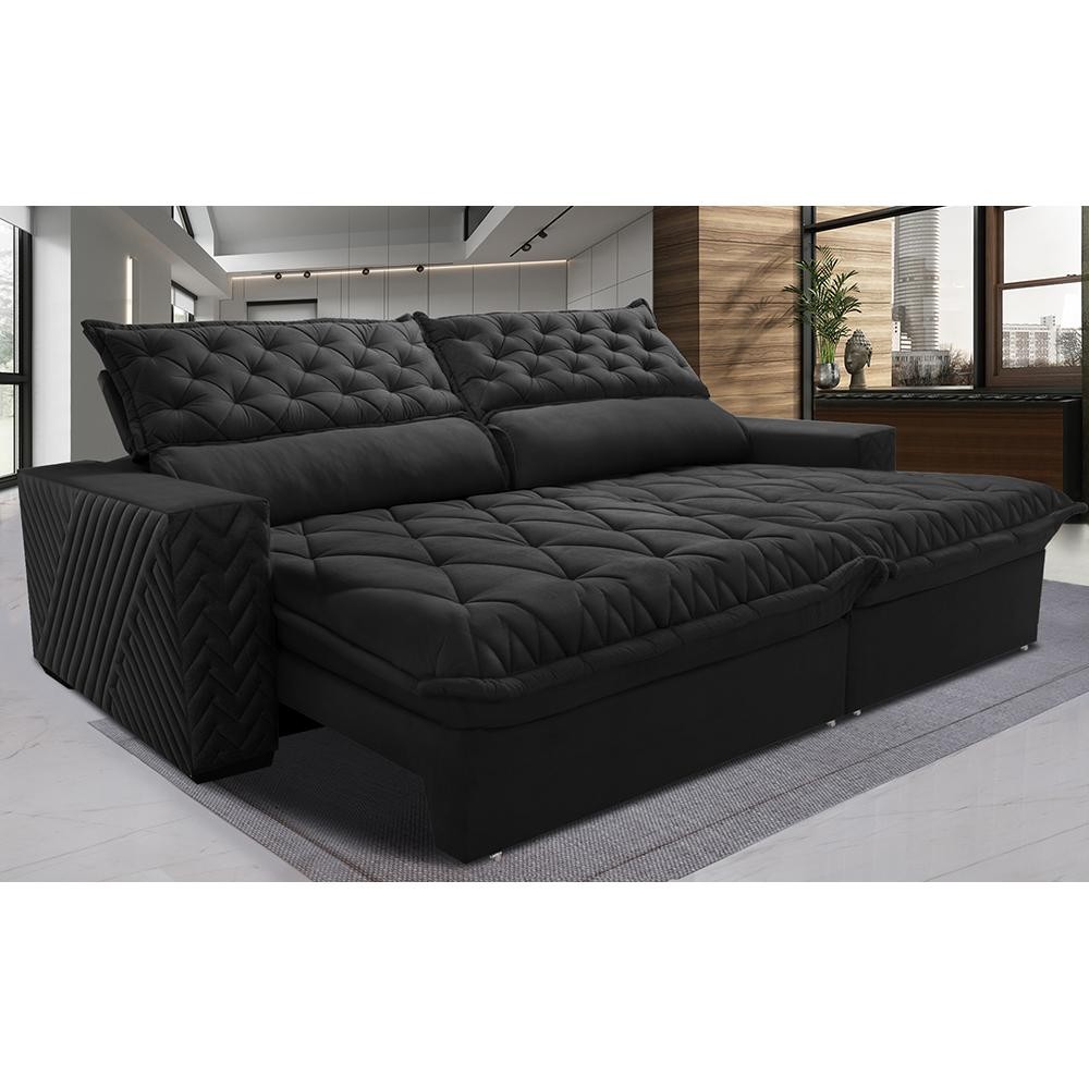 Sofá Retrátil e Reclinável 2,75m Molas Ensacadas Cama inBox Spazus com Bordado 3D Velusoft Preto em Oferta na Shopee