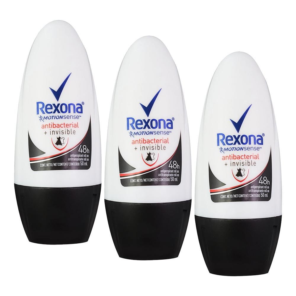 Kit 3 Desodorantes Roll-on Rexona Feminino Antibacterial Invisible 50ml