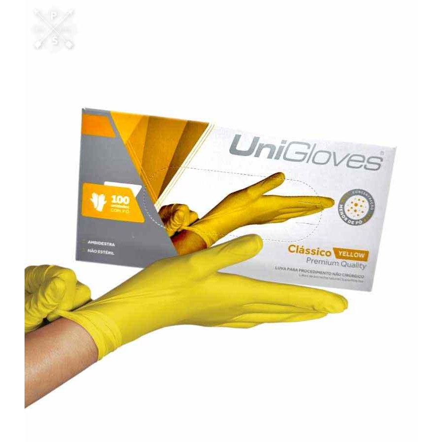 LUVA CLASSICO LATEX AMARELA PREMIUM QUALITY - UNIGLOVES - P em Oferta na Shopee
