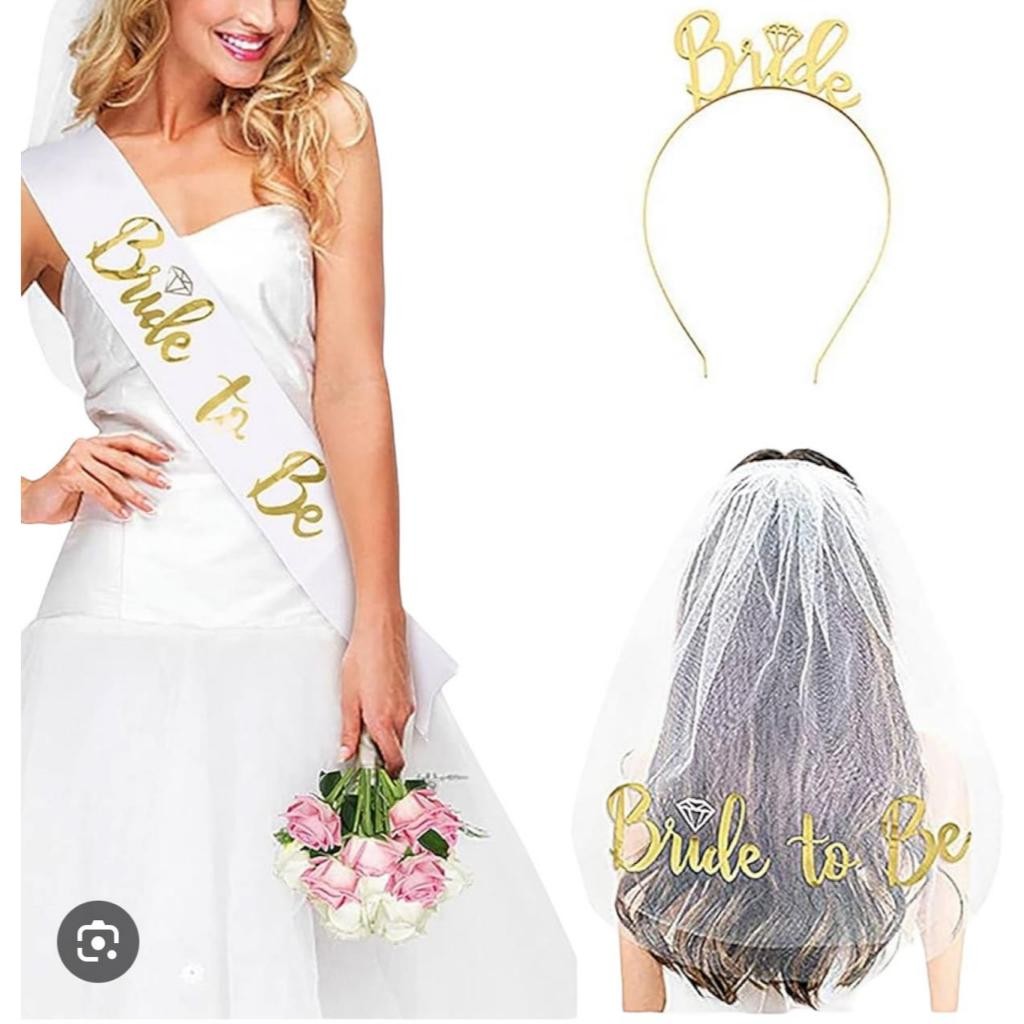 Kit : Véu Bride + Faixa bride tobe + Tiara bride Despedida