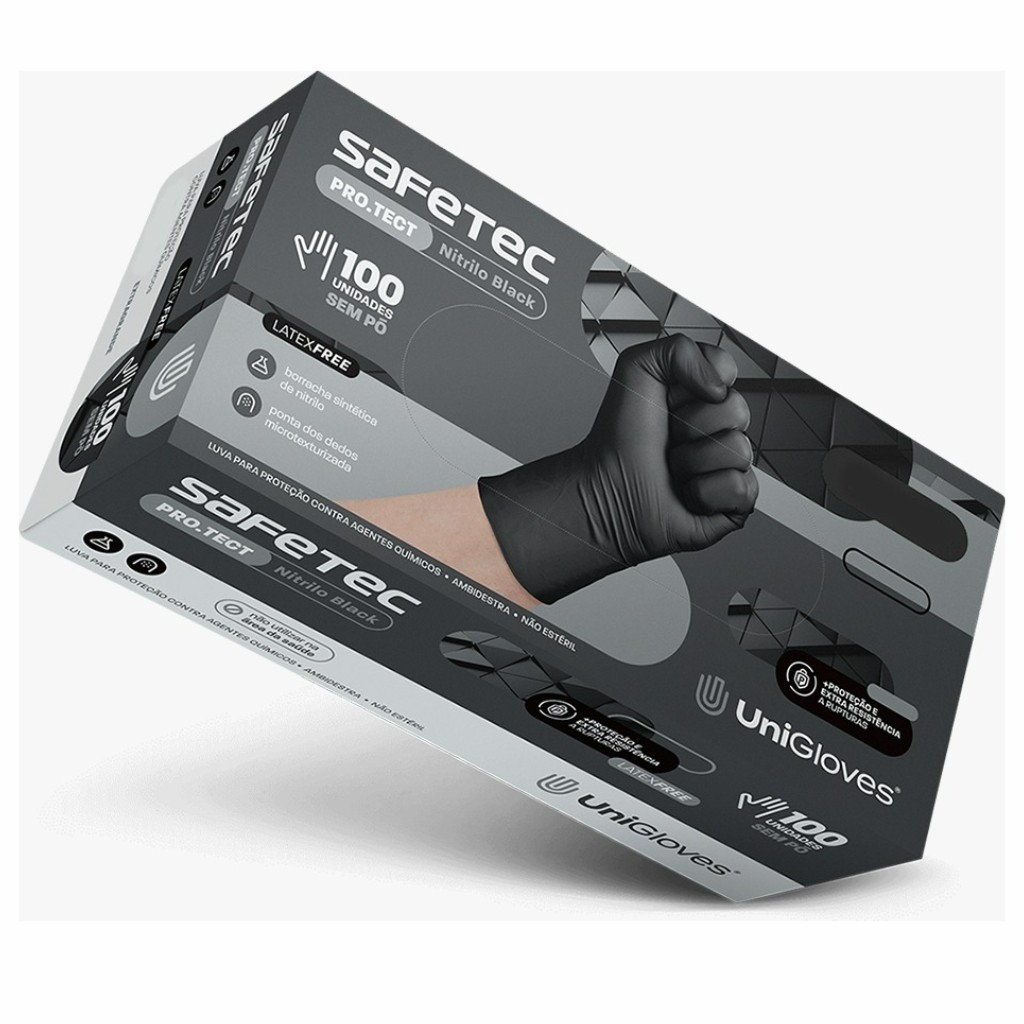 Luva Nitrilica sem Pó Preta para Proteção Quimica - Safetec 100und - UniGloves