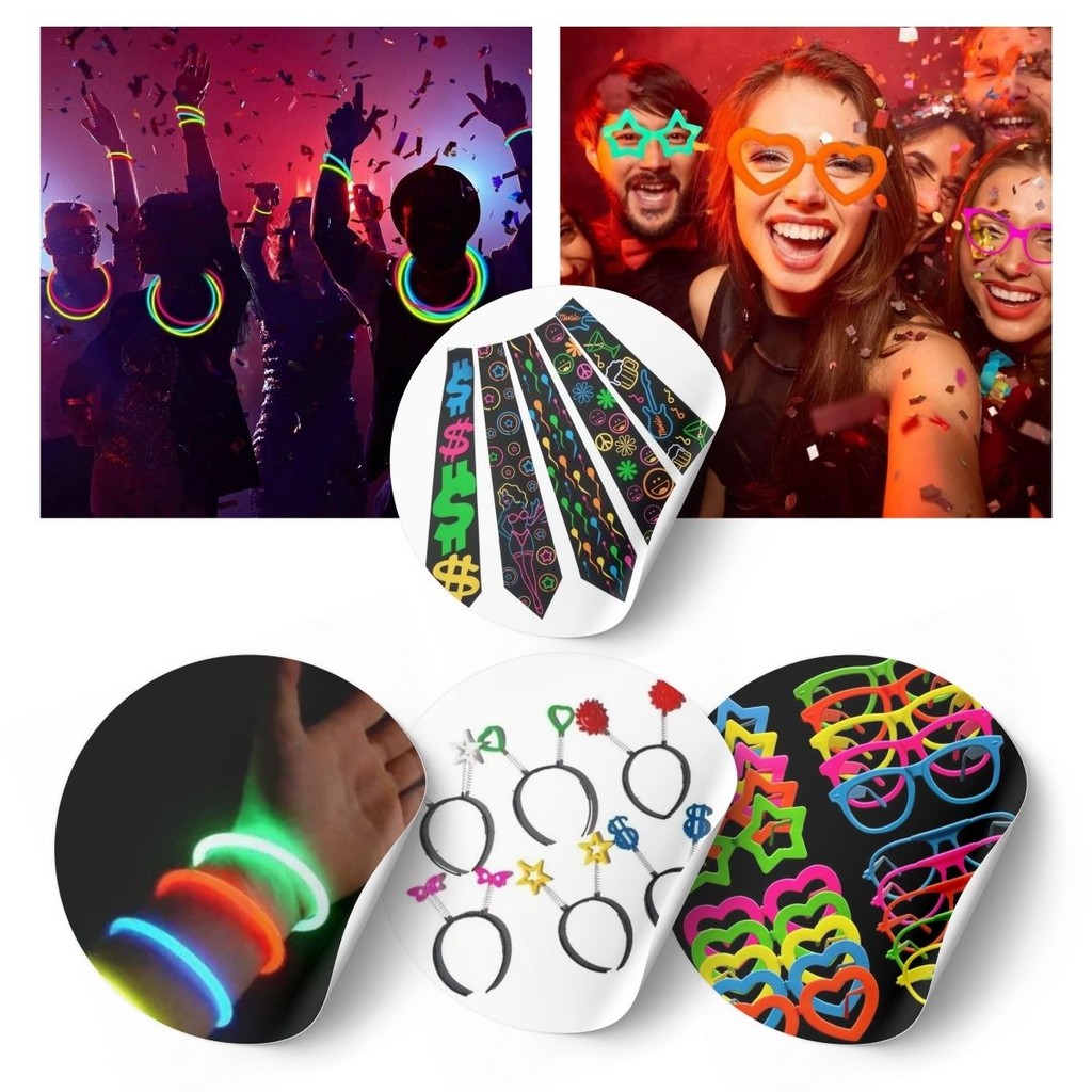 Kit Balada Neon 140 peças Pulseira Neon Óculos Gravata Tiara Festa