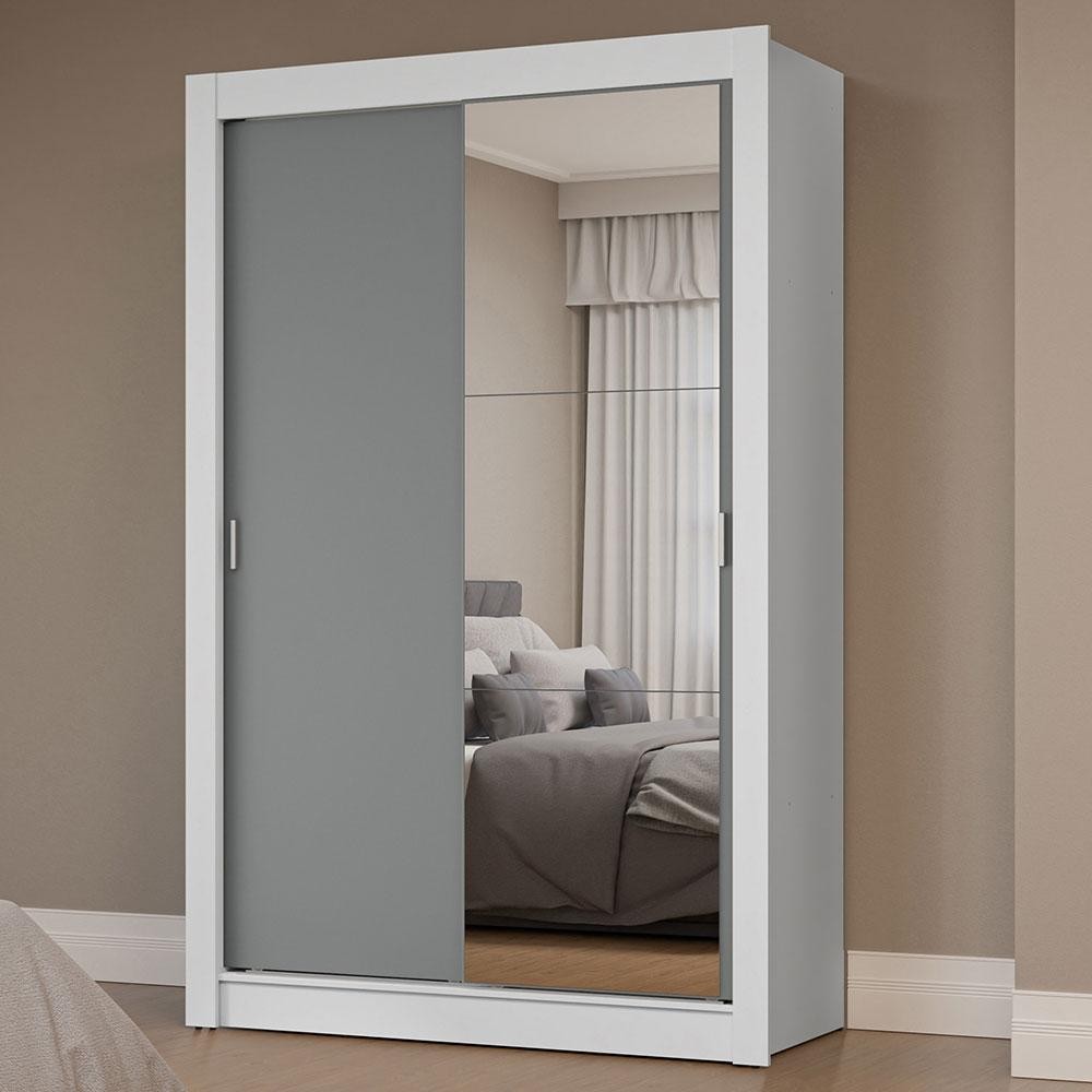 Guarda-Roupa Solteiro 2 Portas de Correr com Espelho Branco/Cinza Milano Madesa - Home & Living