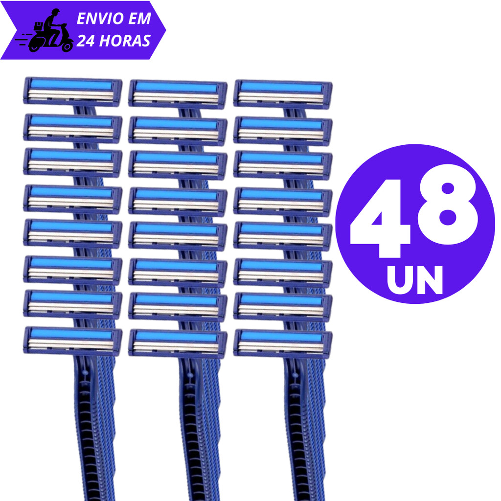 Kit 48 Aparelhos De Barbear Descartável Barbeador com 2 lâminas e Fita Lubrificante P/ Corpo e Face