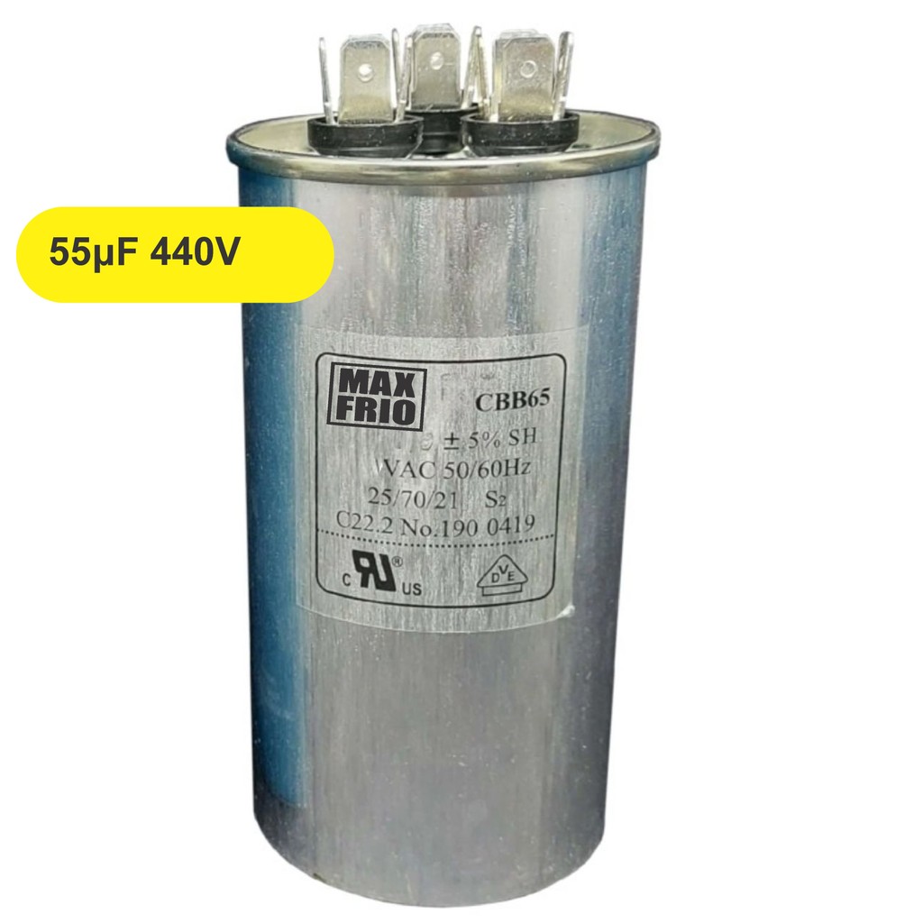 CAPACITOR DE AR CONDICIONADO 55µF 440V DUPLO EOS CBB65 (COMPATIVEL COM DIVERSAS MARCAS) OLHAR NA DESCRIÇÃO