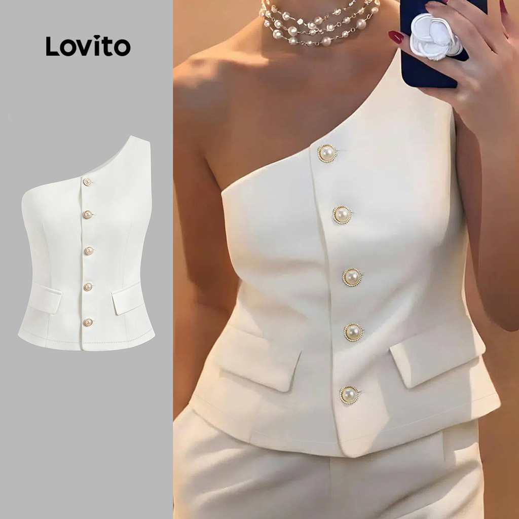 (Trendy) Lovito Blazer elegante com botões assimétricos lisos para mulheres LBL22647 em Oferta na Shopee