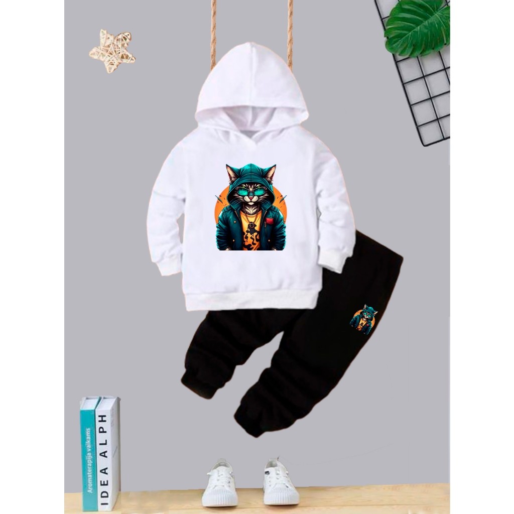 Kit Blusa de Frio + Calça Conjunto de Moletom Flanelado Infantil Kids Tens Juvenil Gato Mala Com Bolso e Capuz