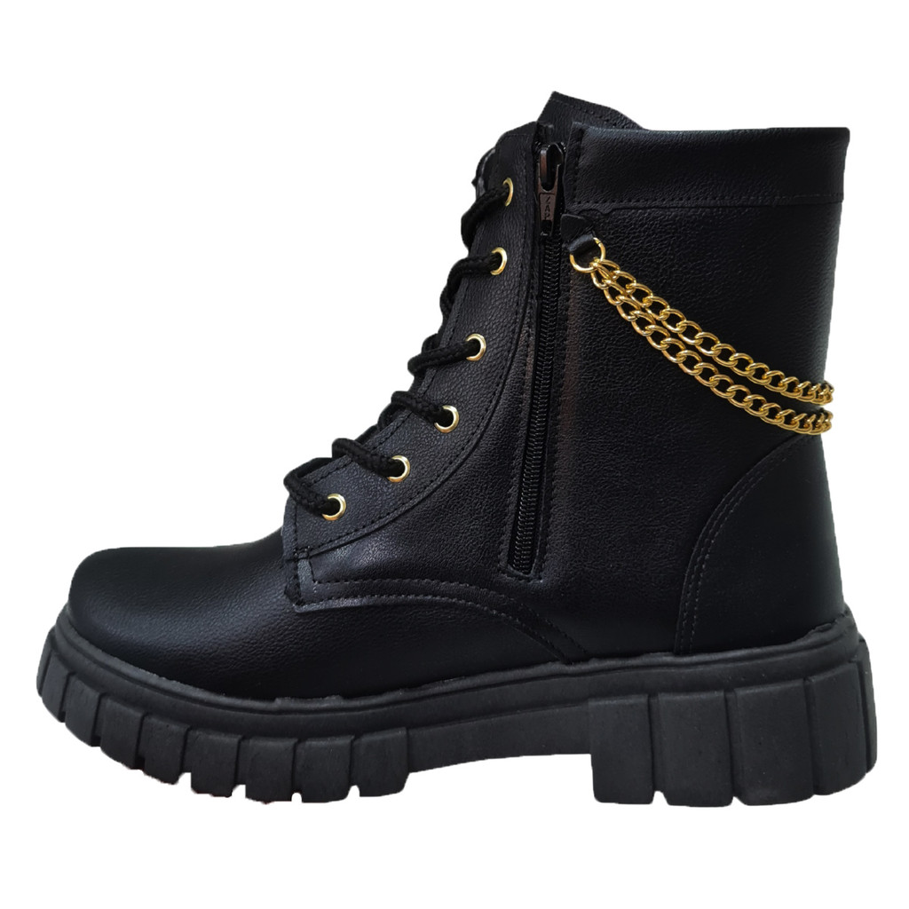 Bota Coturno Salto Tratorado Feminino Preto Zíper Plataforma Detalhe Corrente Nº 34 ao 39 Luxo Unipasso