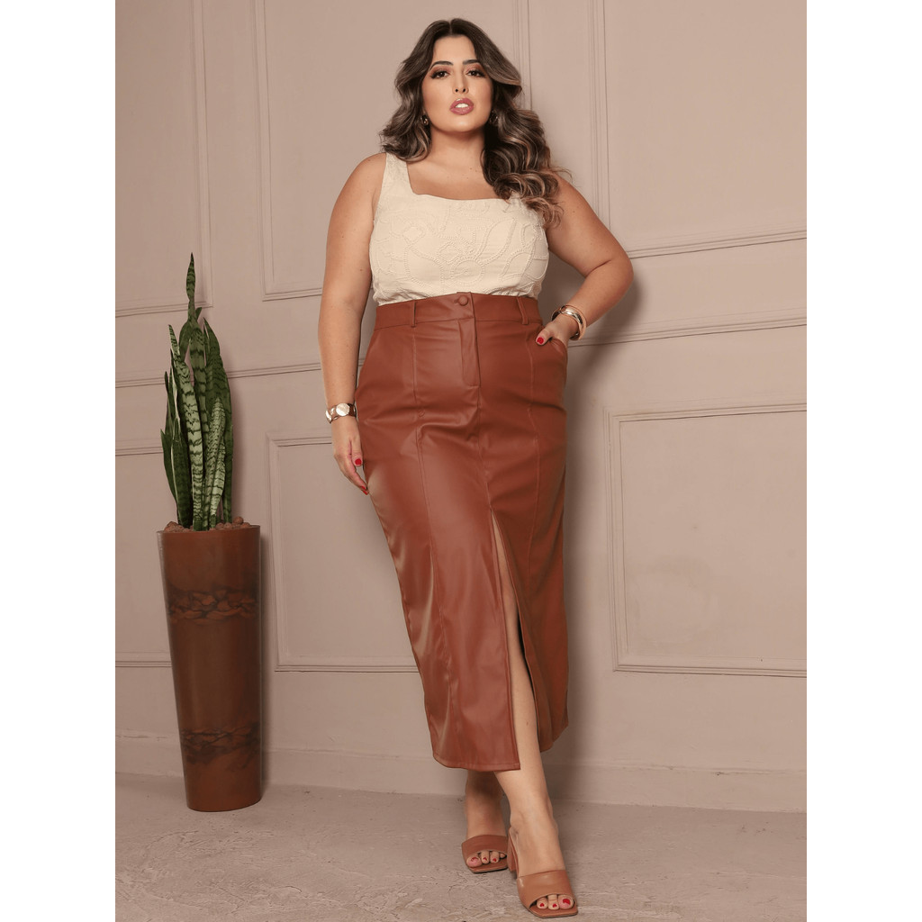 SAIA PLUS SIZE LONGA COURO COM FENDA NA FRETE E BOLSO E BOLSO INVERNO , EVAMGELICA ,FESTA RODEIO CASAMENTOS ,SECRETARIA em Oferta na Shopee