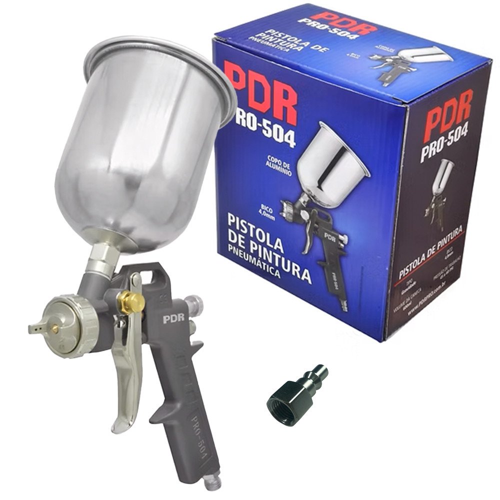 Pistola de Pintura Profissional PDR PRO504 Pneumática a Gravidade bico de 4mm co