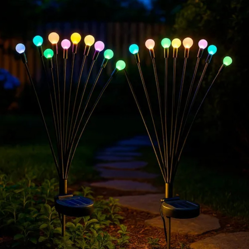 KIT 2 PEÇAS LUMINÁRIA DE JARDIM COM PLACA SOLAR ESPETO E 10 LEDS ESTILO VAGALUME