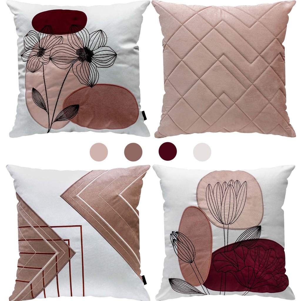 Kit 4 Capas de Almofadas para sofá Premium 50x50 (Bordado) C/Fechamento em Ziper Invisível, Cor Rosé - Marca Belchior